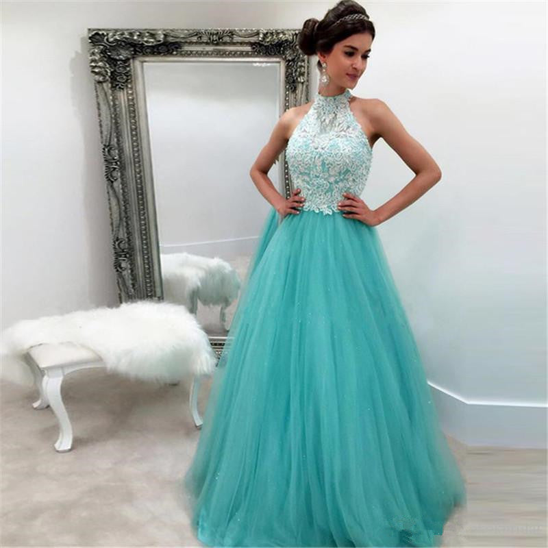 Lace Tulle Sleeveless High-Neck Prom Dresses Evening Dress