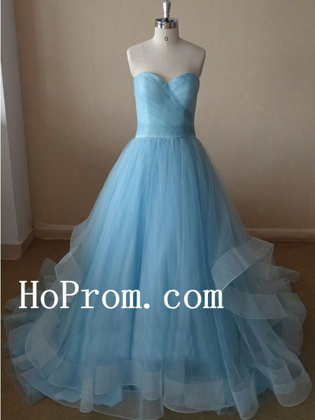 Strapless Blue Prom Dresses,Long Prom Dress,Tulle Evening Dresses