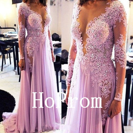 Deep V-Neck Prom Dresses,Long Sleeve Prom Dress,Evening Dress
