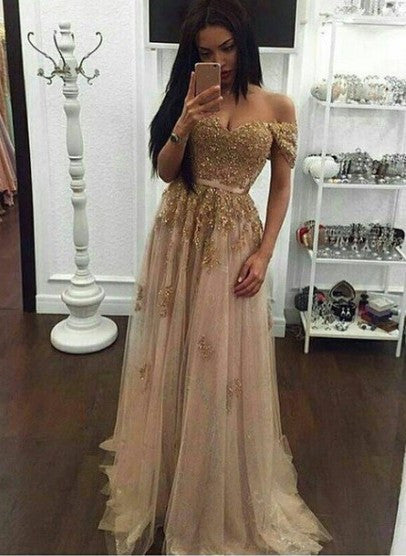 Gold Beaded A-Line Off Shoulder Prom Dresses Evening Dress