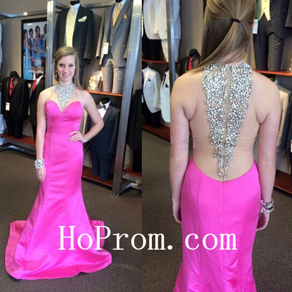 Hot Pink Prom Dresses,Long Satin Prom Dress,Evening Dress