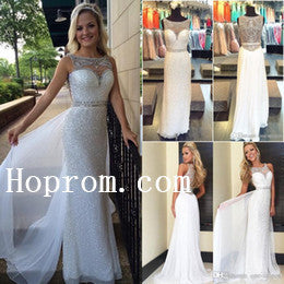 Sleeveless Beaded Prom Dresses,White Prom Dress,Evening Dress