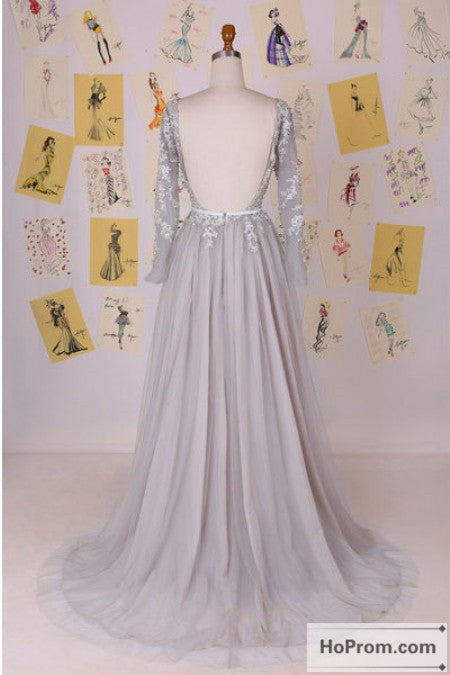 Long Sleeve Backless A-Line Prom Dress Evening Dresses