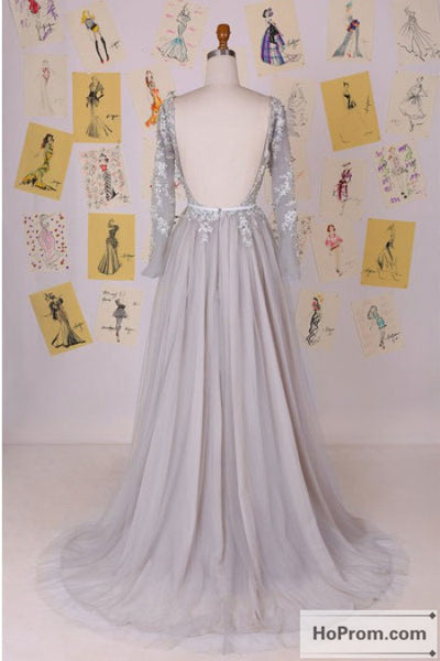 Long Sleeve Backless A-Line Prom Dress Evening Dresses