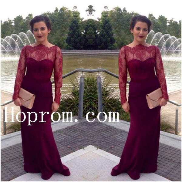 Lace Satin Prom Dresses,Long Sleeve Prom Dress,Evening Dress