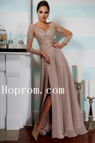 V-Neck Applique Prom Dresses,Long Sleeve Prom Dress,Evening Dress