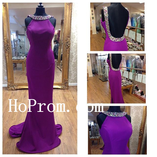 Beaded Purple Prom Dresses,Backless Prom Dress,Evening Dress
