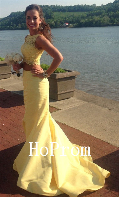two piece yellow homecoming dresses Yellow Satin Two Piece Halter Neck Beaded Long Prom Dress With Pocket, MP791