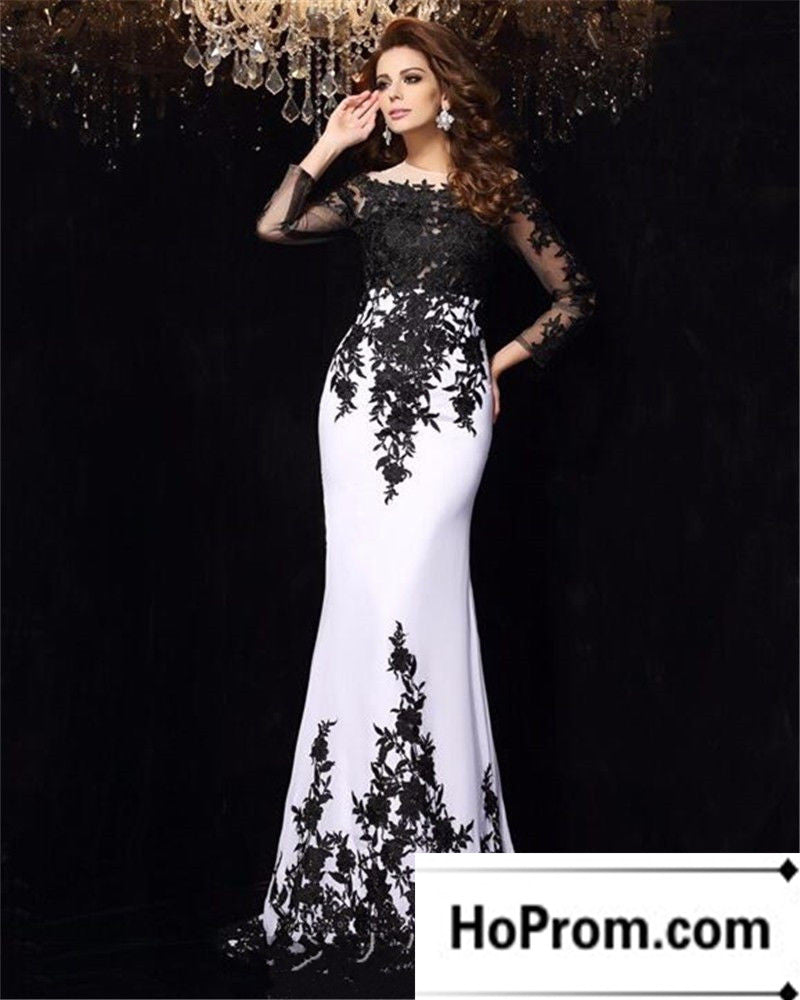 black and white long sleeve prom dress Elegant White/Black Lace Appliques Mermaid Long Sleeves Long Prom Dresses JLDressCA