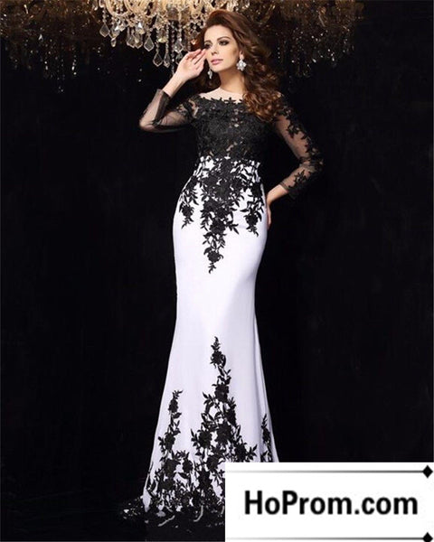 Long Sleeve Black Applique Prom Dress Evening Dresses