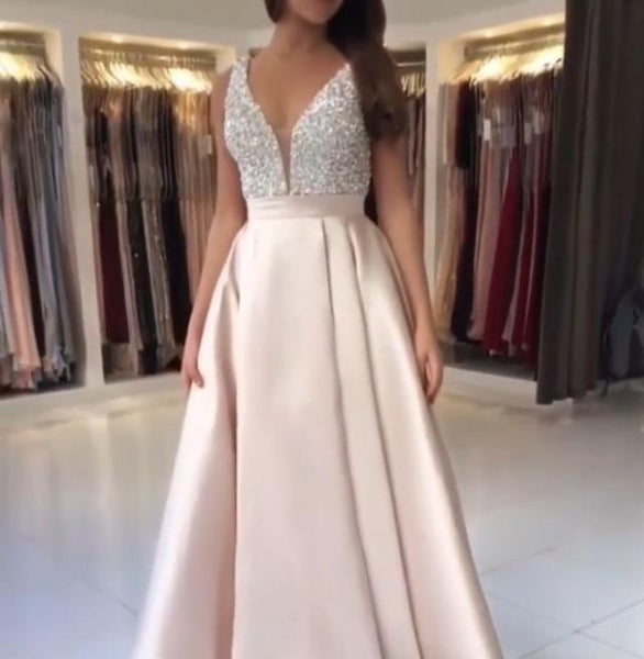 Modest A Line Beaded Prom Dresses V Neck Evening Formal Dresses