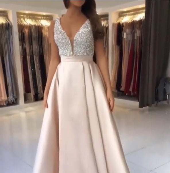Modest A Line Beaded Prom Dresses V Neck Evening Formal Dresses