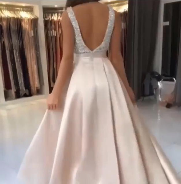 Modest A Line Beaded Prom Dresses V Neck Evening Formal Dresses
