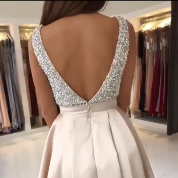 Modest A Line Beaded Prom Dresses V Neck Evening Formal Dresses
