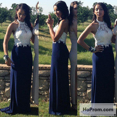 Lace-Top Dark Navy Backless Prom Dress Evening Dresses