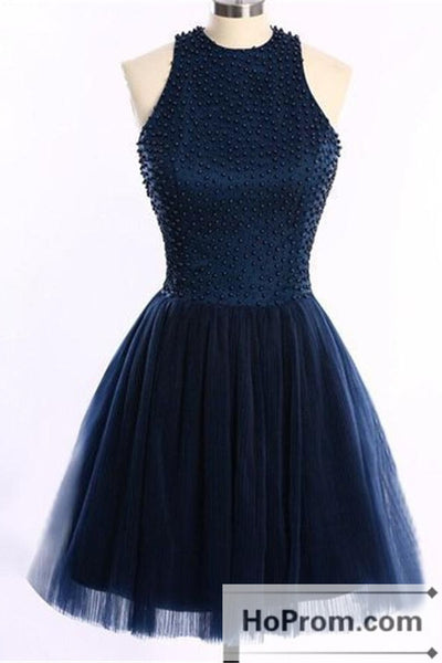 Navy Blue Short Handmade Halter Prom Dresses Homecoming Dresses