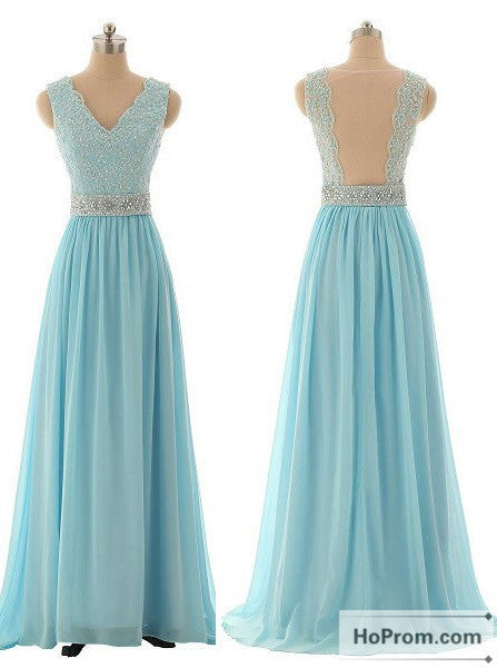 V-Neck Beading Blue Backless Prom Dress Evening Dresses