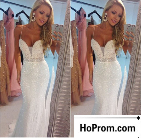 Spaghetti Straps White Sparkly Prom Dresses Evening Dress