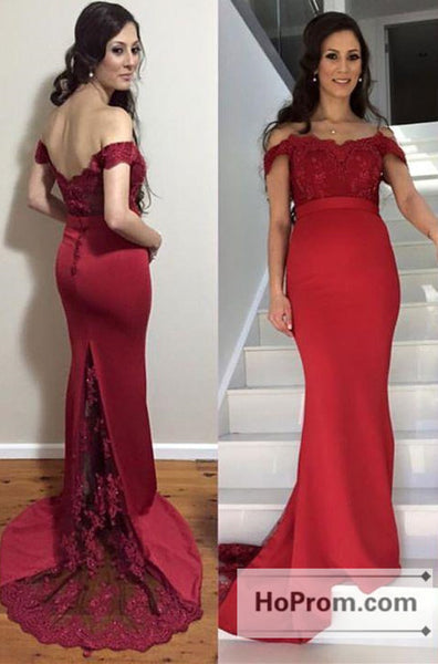 Long Red Lace Off Shoulder Prom Dresses Evening Dress