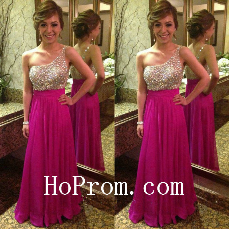 Hot Pink Prom Dresses,One Shoulder Prom Dress,Chiffon Evening Dress