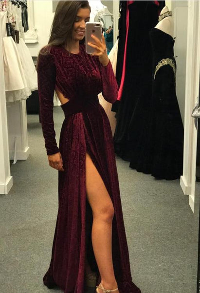 Long Sleeve Burgundy Slit Velvet Prom Dresses Open Back Evening Dresses