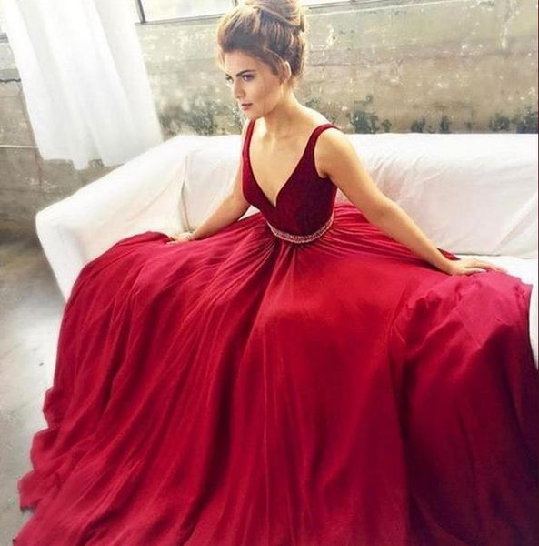 Red Deep V Neckline Spaghetti Straps Prom Dresses Evening Dresses