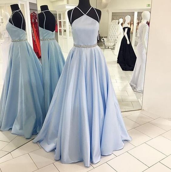 Simple Satin Blue Halter Prom Dresses Graduation Dresses