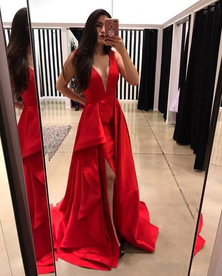 Red Tank Straps Slit V neckline Prom Dresses Evening Dresses