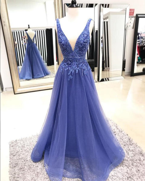 Long Plunge Neckline Applique Prom Dresses Evening Dresses