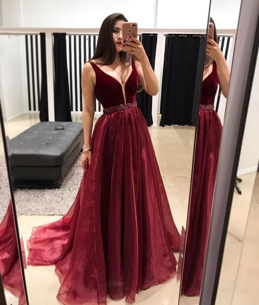 Long Burgundy Plunge Neckline Prom Dresses Formal Evening Dresses