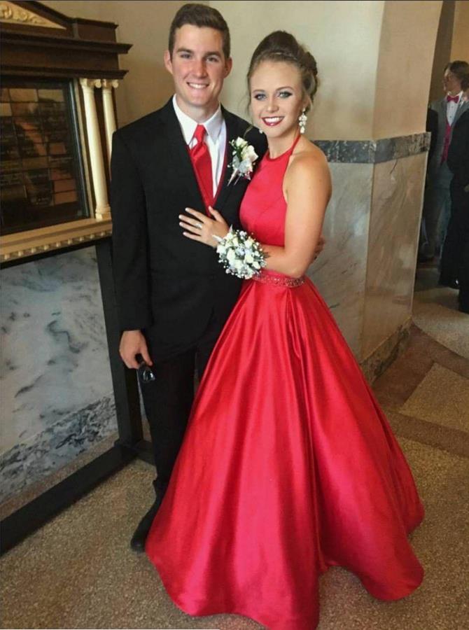 red halter prom dress A Line Red Halter Satin Simple Prom Dresses Evening Dresses – Hoprom