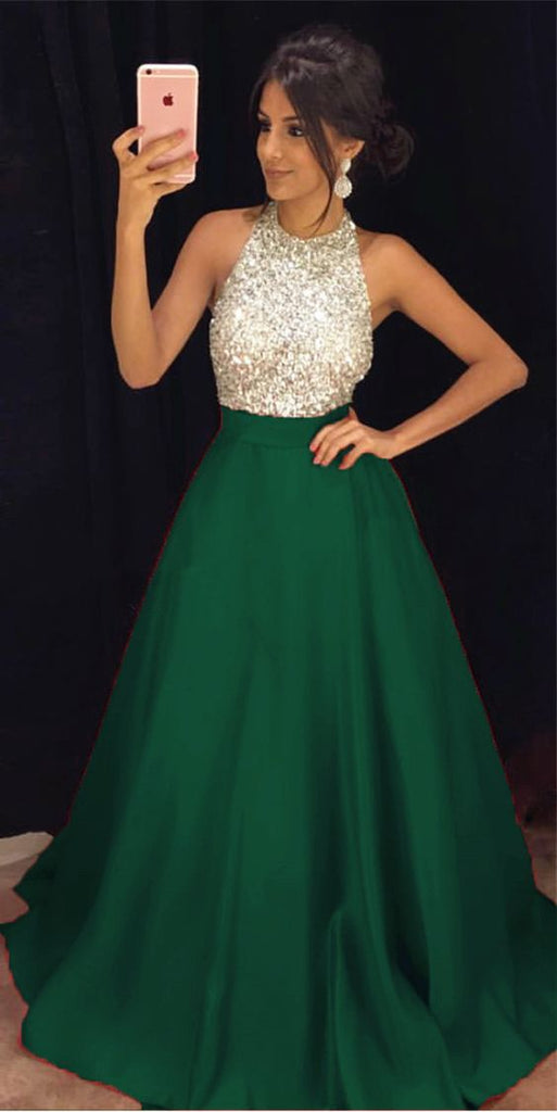 A Line Green Sequins Halter Prom dresses Formal Evening Dresses
