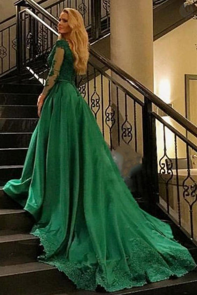 Long Sleeve Sweetheart Green Lace Prom Dresses Evening Formal Dresses