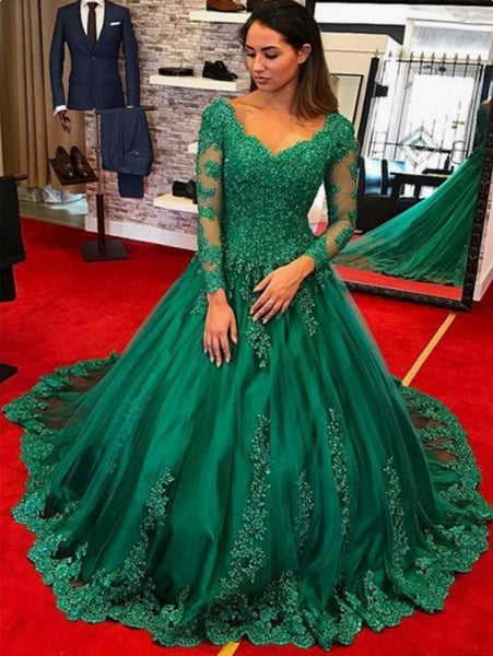 Long Sleeve Sweetheart Green Lace Prom Dresses Evening Formal Dresses