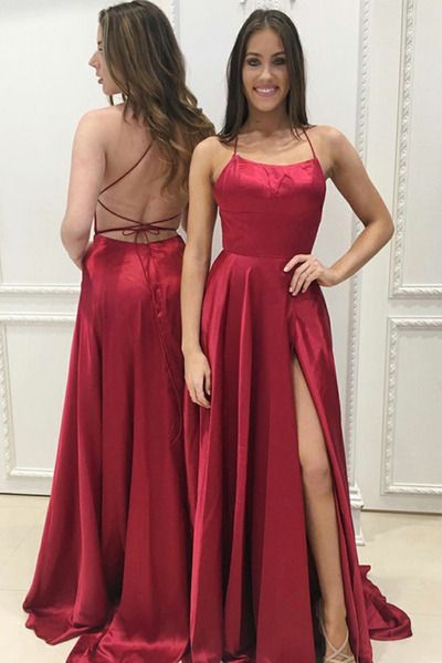 Simple Red Halter Slit Backless Prom Dresses Evening Dresses