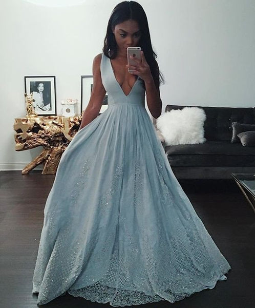 Deep V Neckline Blue Prom Dresses Evening Dresses Lace Bottom