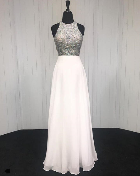 Long White Beaded Halter Prom Dresses Evening Formal Dresses