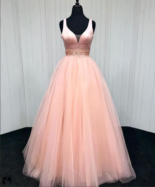 Long Tulle Illusion Plunge Neckline Prom Dresses Evening Dresses