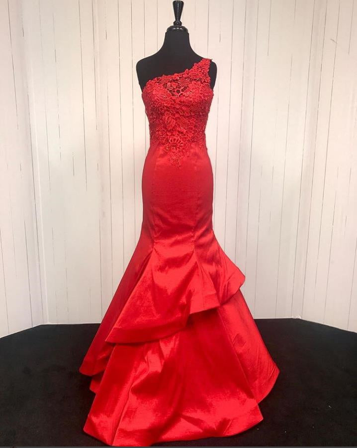 One Shoulder Red Lace Mermaid Prom Dresses Red Evning Dresses