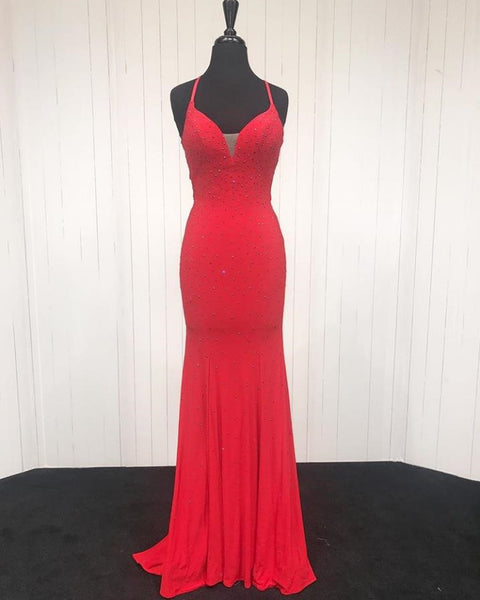 Halter Beaded Red Deep V Necline Prom Dresses Formal Dresses