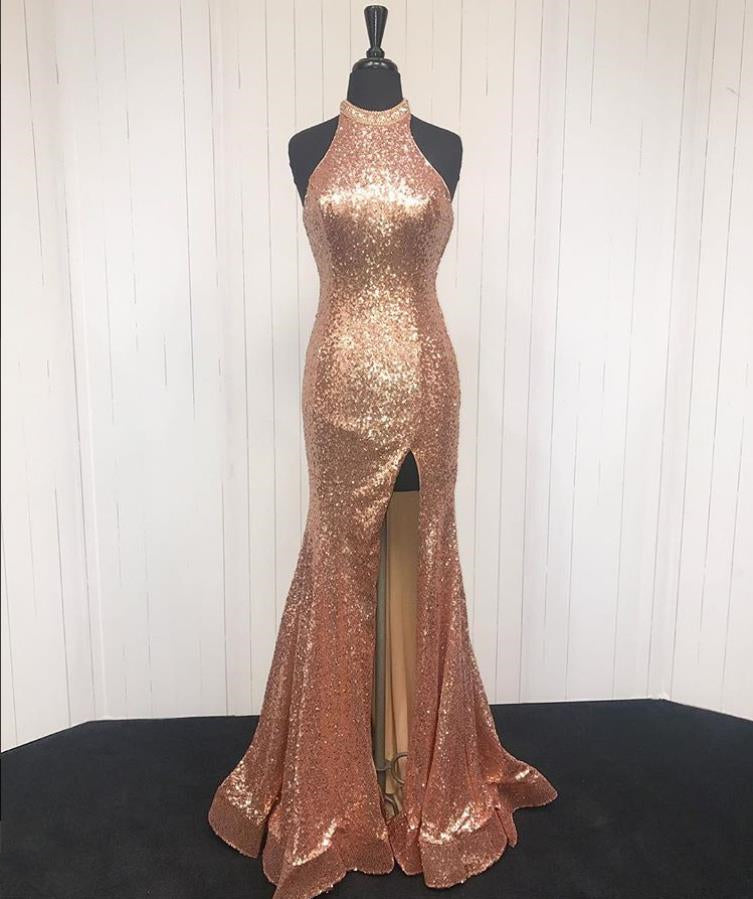 Sequins Halter Gold Prom Dresses Slit Evening Dresses