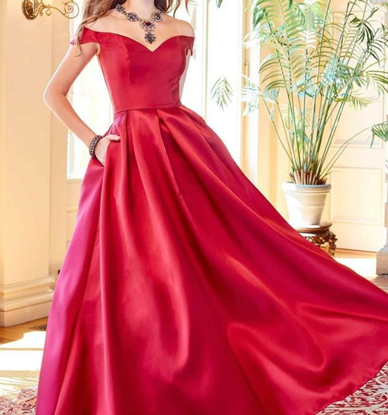 A Line Off Shoulder Red Prom Dresses Satin Evening Dresses