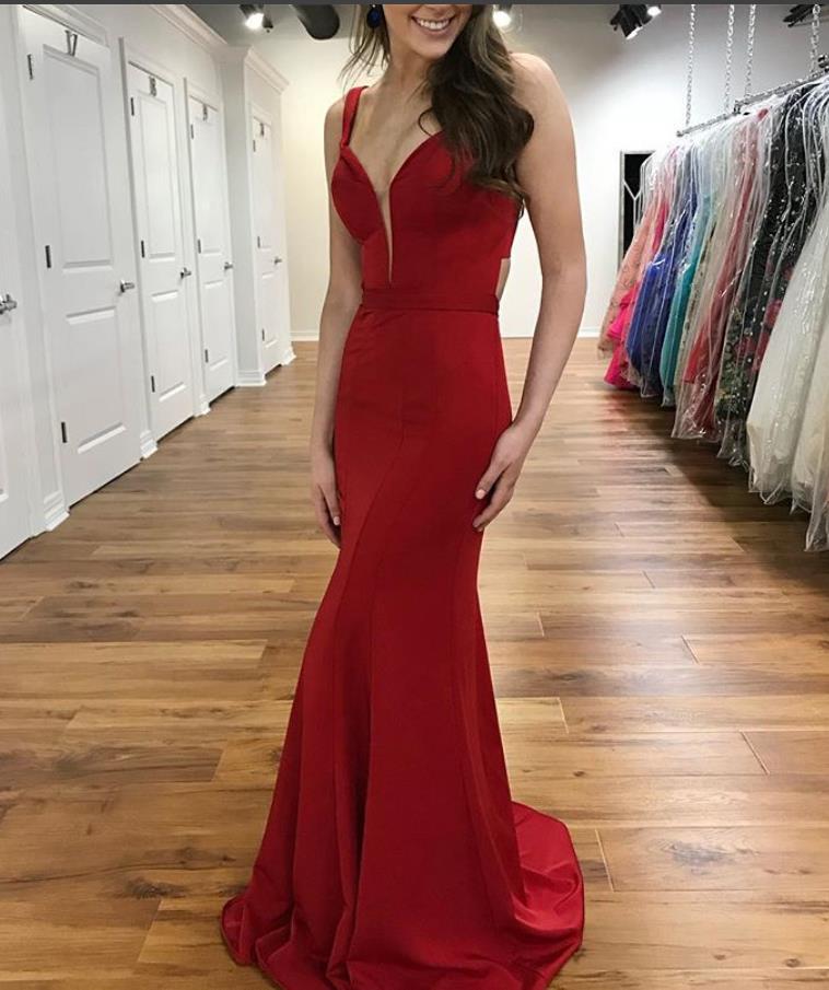 Red Plunge Neckline Simple Prom Dresses Straps Evening Dresses