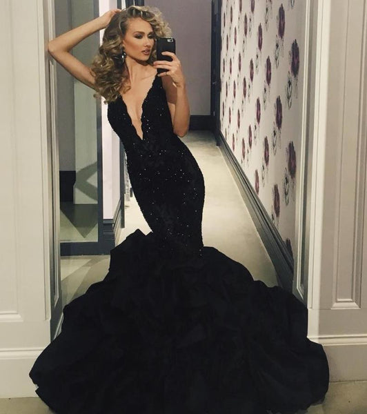 Sexy Black Illusion Plunge Neckline Mermaid Beaded Prom Dresses Evening Dresses
