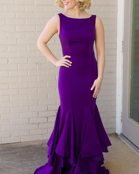 Purple Jersey Long Prom Dresses Mermaid Evening Dresses