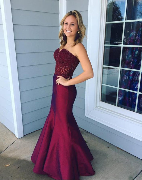 Strapless Sweethear Lace Burgundy Prom Dresses Mermaid Evening Dresses