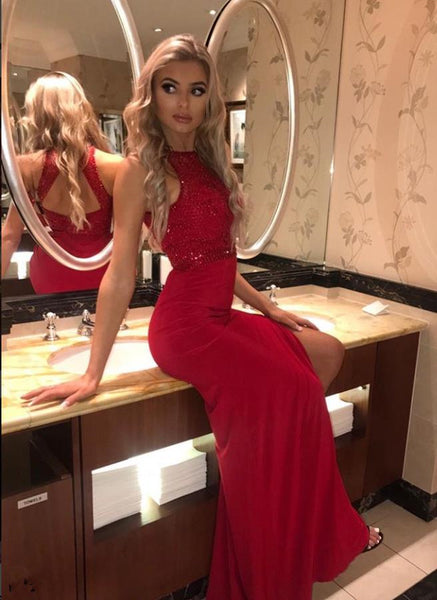Red Beading Slit Cutout Back Prom Dresses Evening Dresses