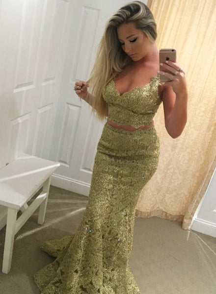 Two Piece Gold Lace Prom Dresses Tank Straps Evening Dresses