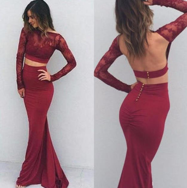 Long Sleeve Burgundy Lace Top Jersey Prom Dresses Evening Dresses