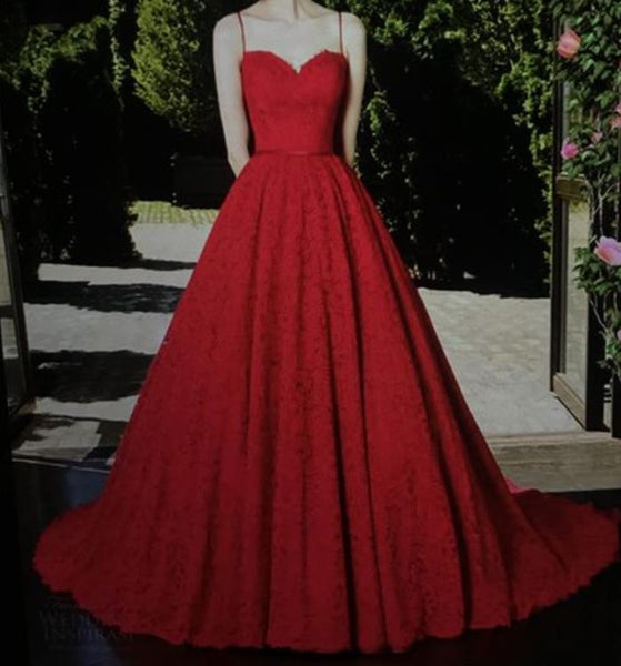 A Line Red Lace Sweetheart Spaghetti Straps Prom Dresses Evening Dresses